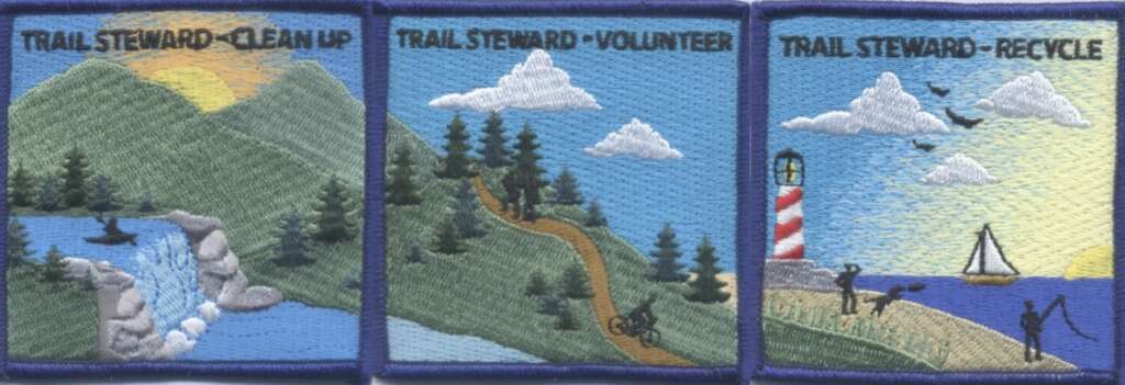 three embroidered patches showing an outdoor scene and a variety of outdoor sports